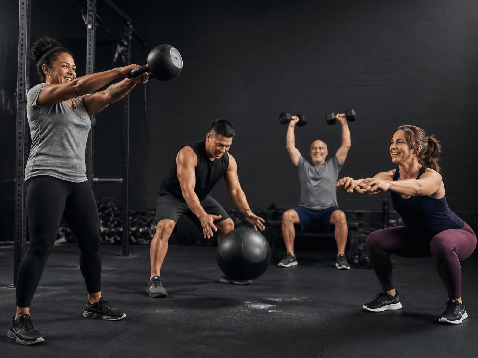 Group of everyday people training with kettlebells, dumbbells and a medicine ball